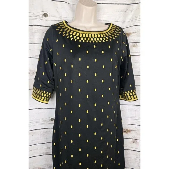 Gretchen Scott Shift Dress XS Diva Black Gold Rocket Girl Embroidered - Picture 2 of 6